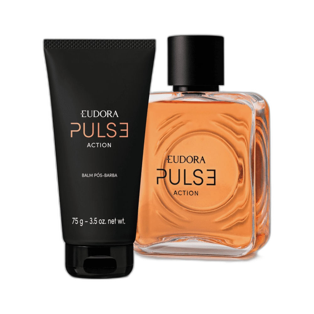 Kit Eudora Pulse Action com desodorante colônia e balm pós-barba em embalagem preta e âmbar